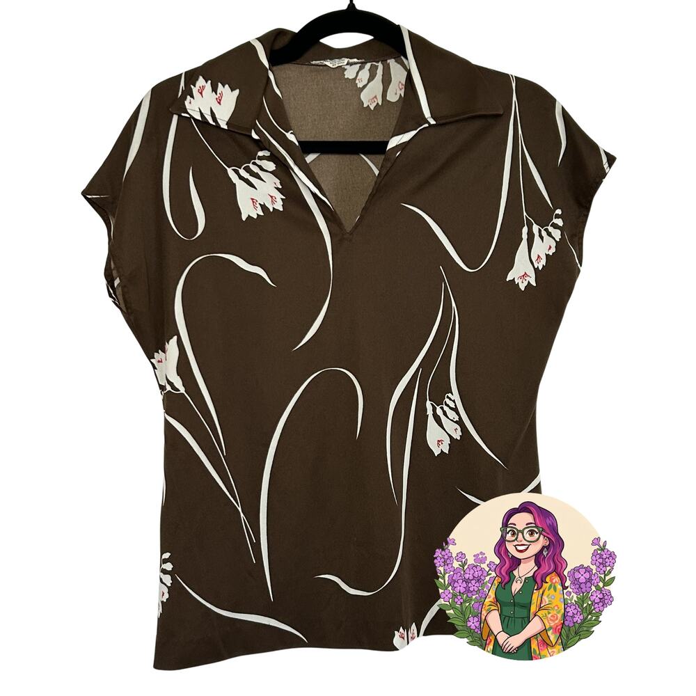 VTG 70s Mardi Modes New York Brown Floral Knit V-Neck Short Sleeve Top Medium
